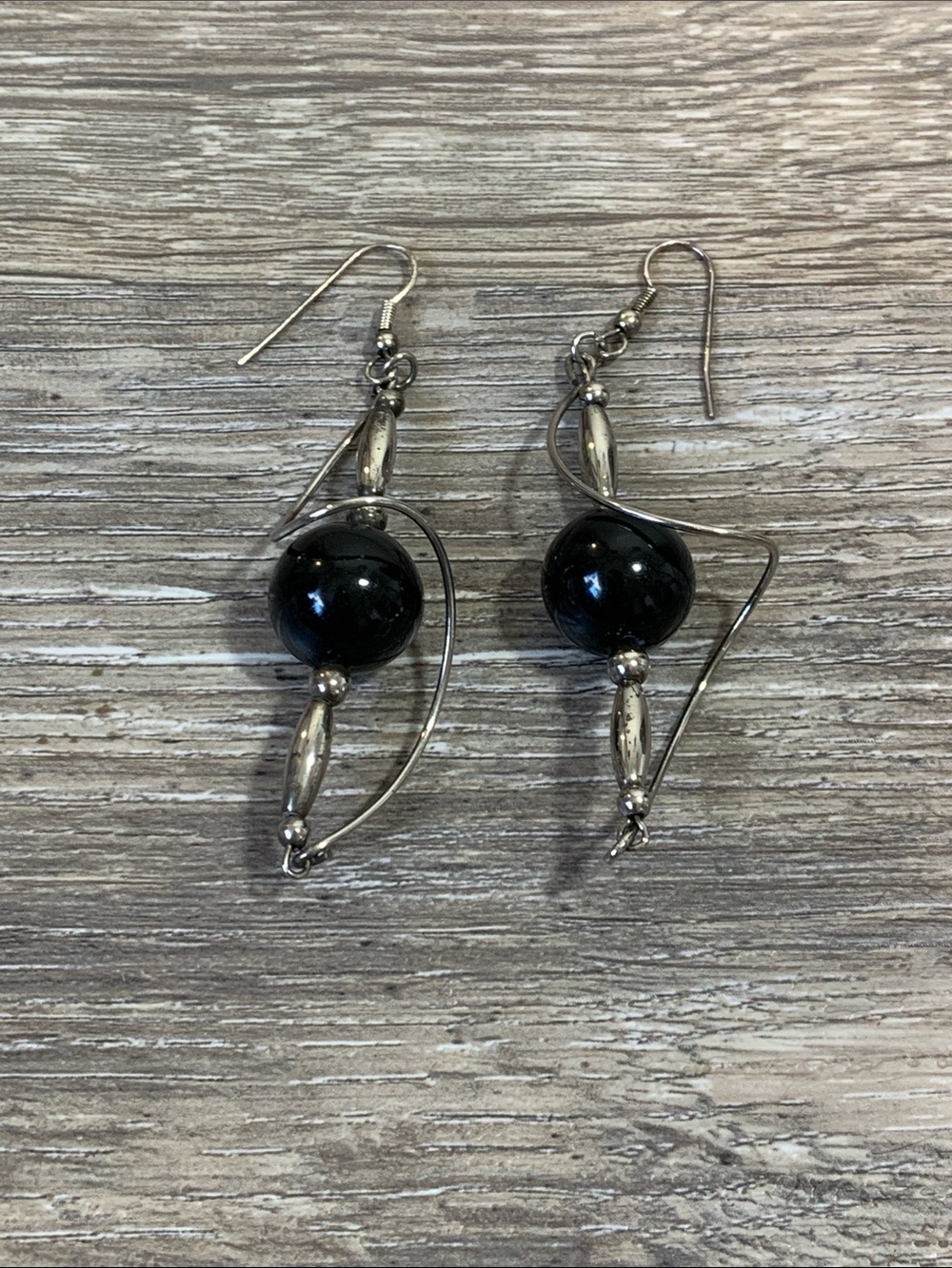 Silver-Tone Black Bead Dangle Earrings